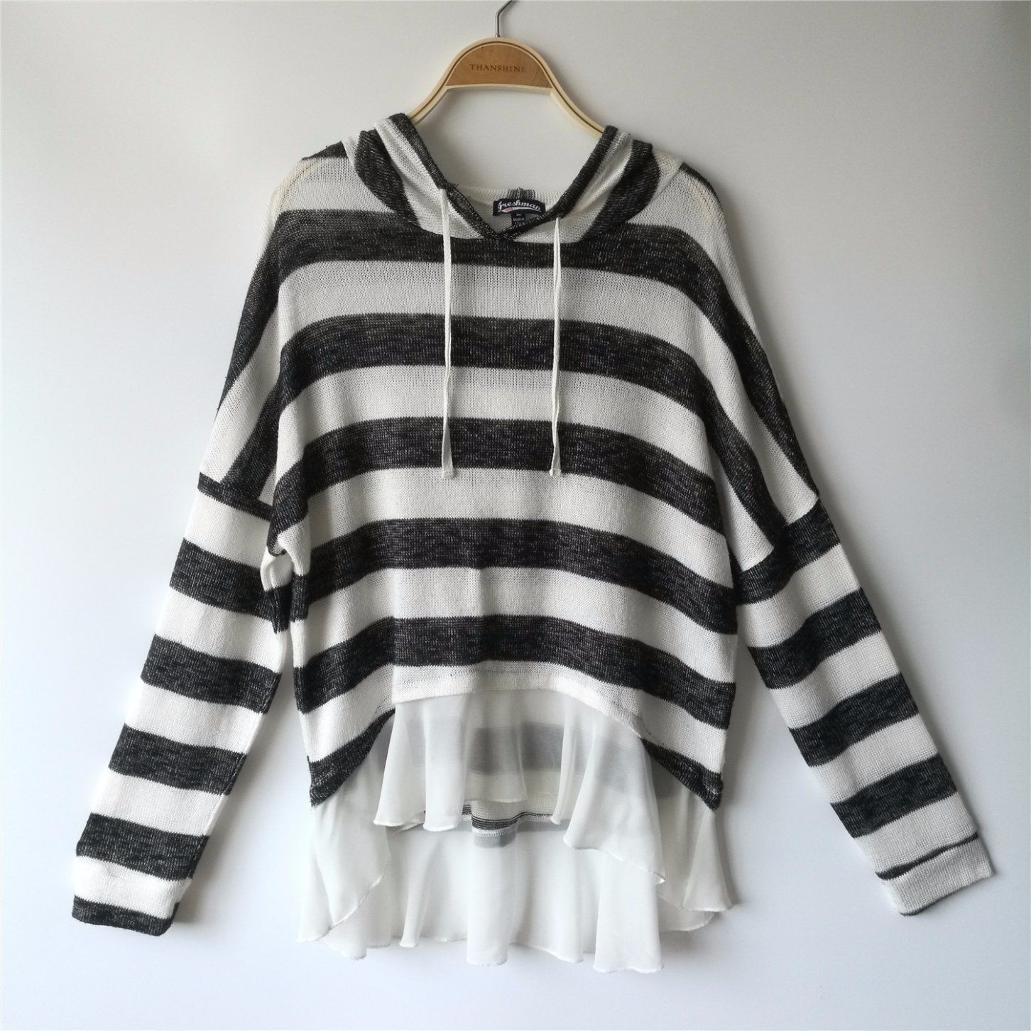 Stripe Loop Gagt Knit Hoodie with Chiffon Bottom Ruffle