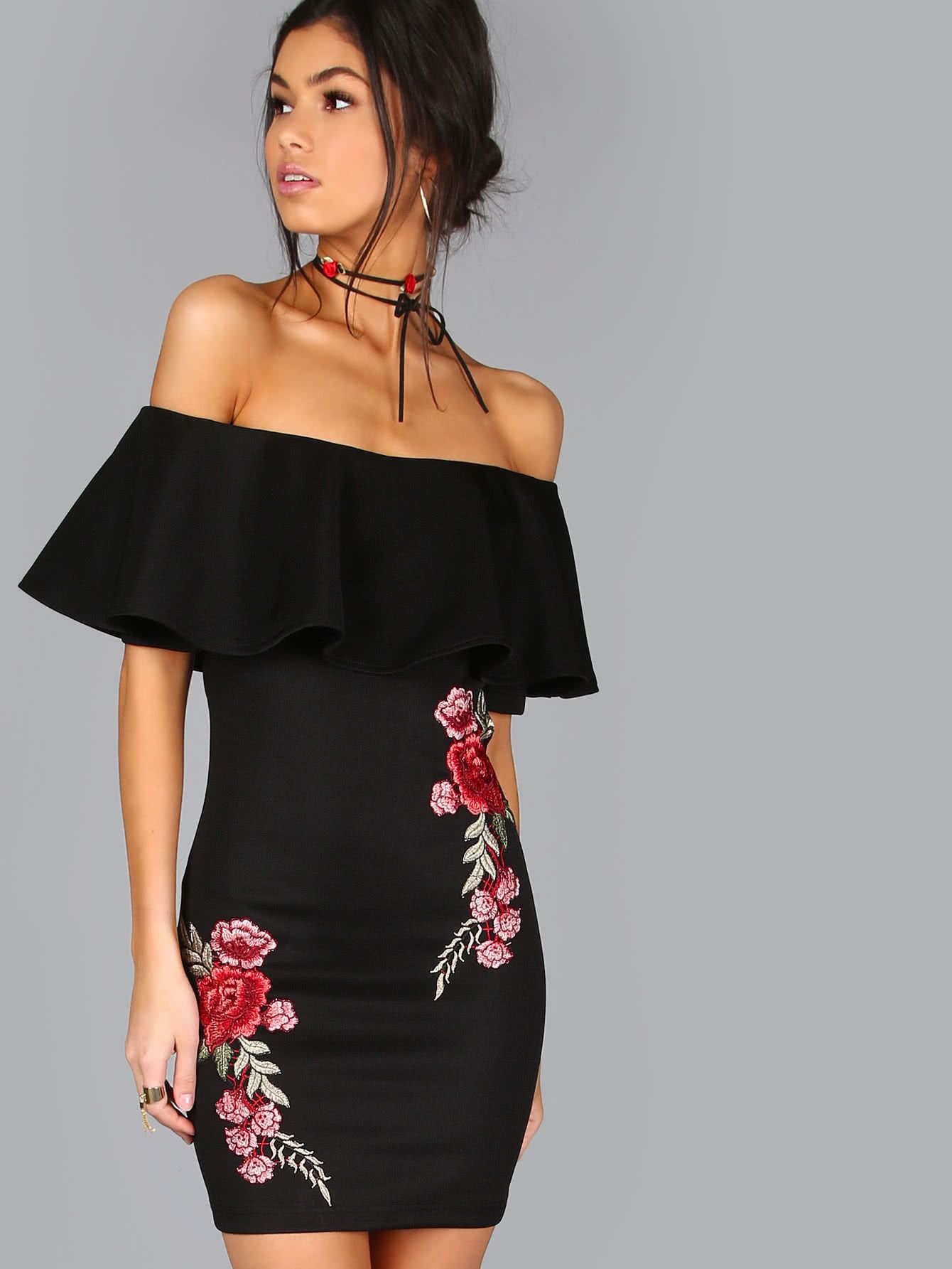 2017 High Quality Embroidered Rose Applique off Shoulder Ruffle Dress