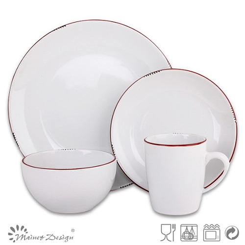16PCS Dinner Set Solid Glaze with Red Rim Design