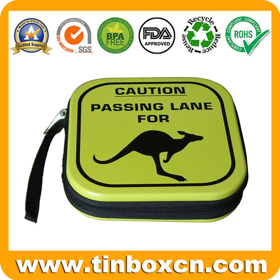 Square CD Tin Case with Zipper, Metal Tin DVD Box