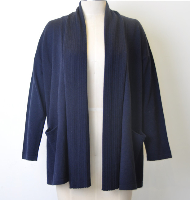 Wool Cashmere Patch Pockets Open Front Knit Women Cardigan