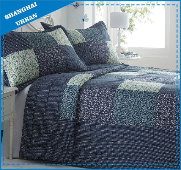 Navy Floral Patchwork Design Polyester Quilt Set