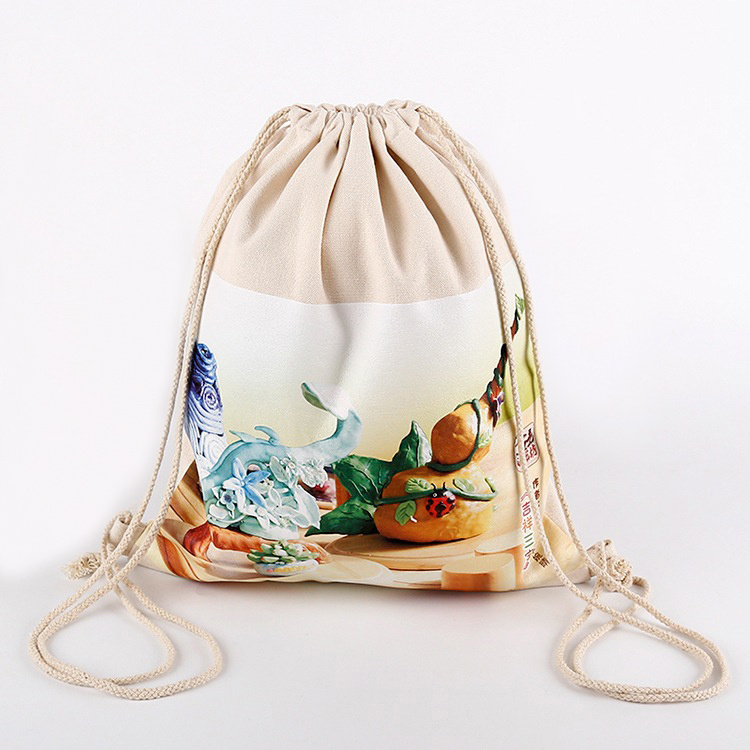 Heat Transfer Print Cotton Canvas Drawstring Backpack Bag