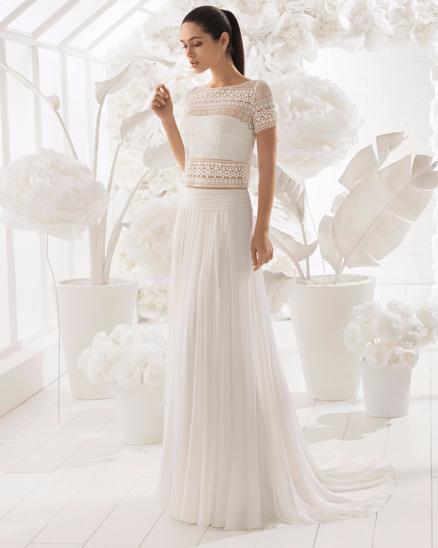 Crop Tops Short Sleeve Lace Bolero Chiffon Skirt Wedding Dress