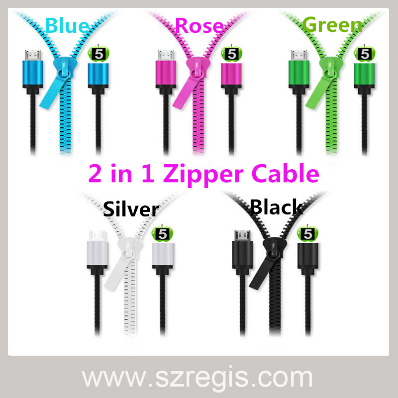 2 in 1 iPhone/Android Mobile Phone Zipper USB Data Cable