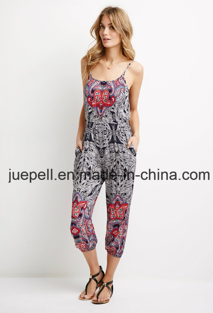 Baroque Print Gauze Adjustable Cami Straps Elasticized Waist Jumper