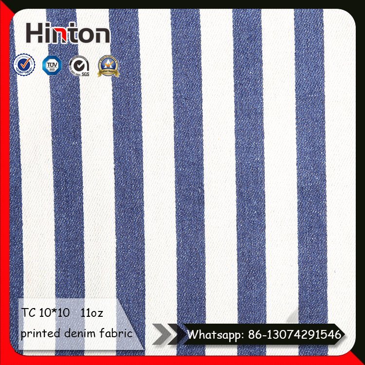 Blue White Stripe Printed Denim Fabric for Garment