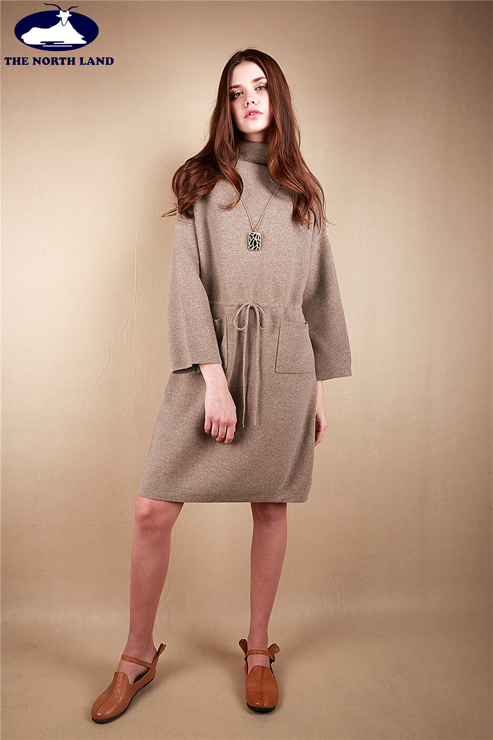 Cashmere High Neck Long Pullover with Belt String