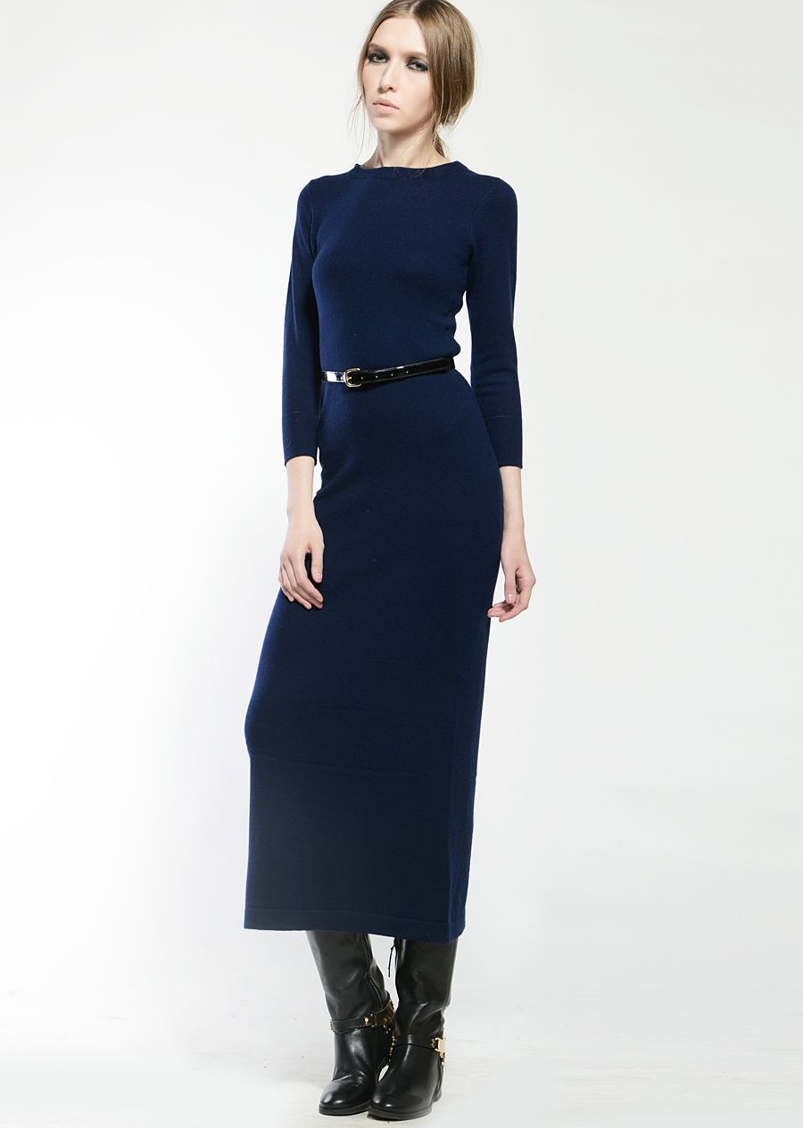 Spring Autumn Solid Color Knitted Long Dress for Lady