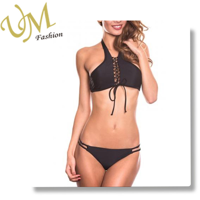 Black Trendy Sport Style High Neck Bikini with Double-String Bottom