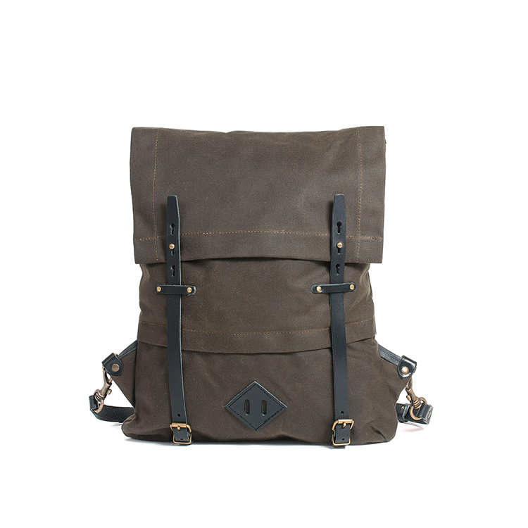 2017 Vintage Design Dark Khaki Wax Canvas Laptop Backpack for Teens