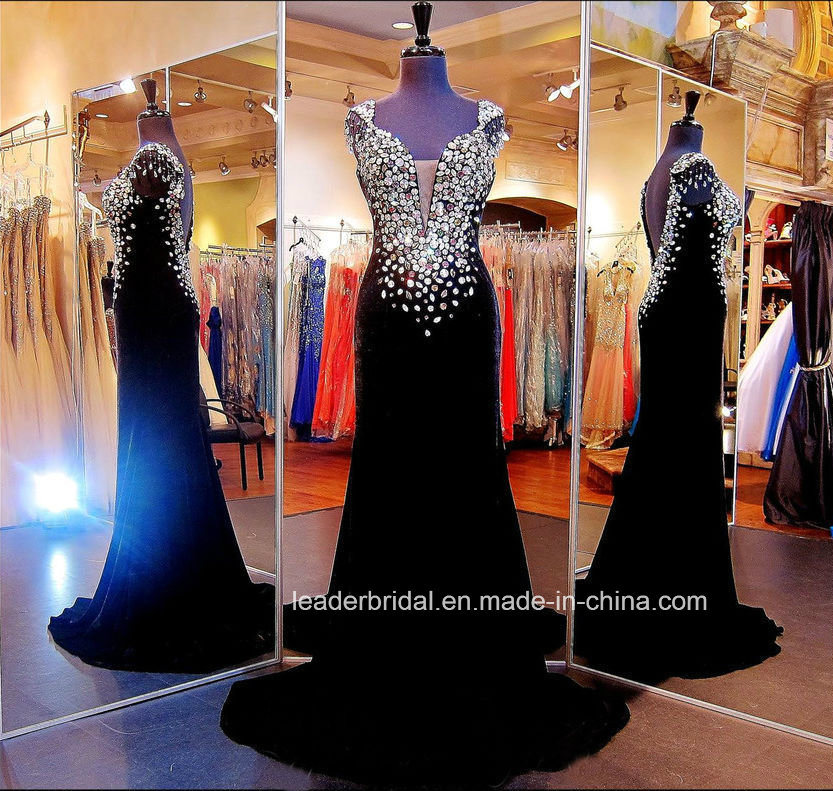 Black Velvet Formal Gown Crystal Beads V-Neck Custom Mermaid Evening Dress E142017