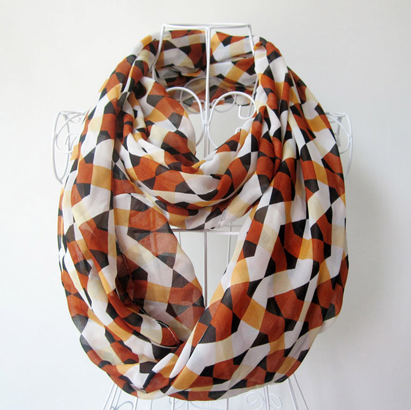 Woman Fashion Checked Printed Polyester Chiffon Infinity Scarf (YKY1101)