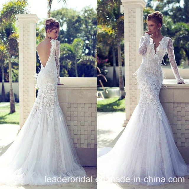 V-Neck Bridal Gowns Mermaid Feather Lace Wedding Dresses Z8018