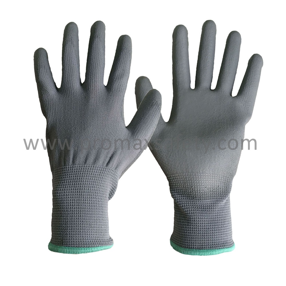 Grey Polyester Knitted DMF Free Gloves with Grey PU Coating