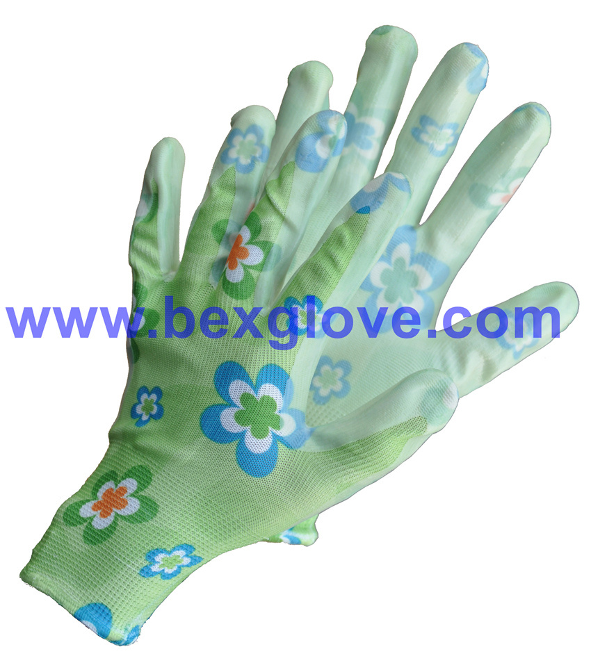 Nitrile Coating, Transparent, 13 Gauge Polyester Liner, Flora Patterns Safety Gloves