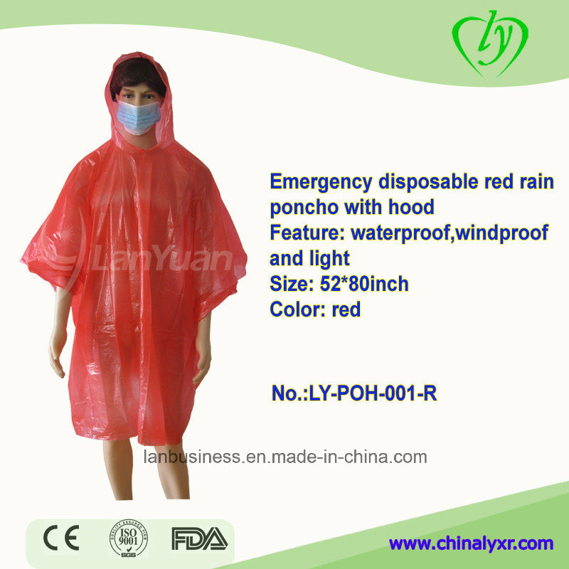 Emergency Disposable Red Rain Poncho with Hood