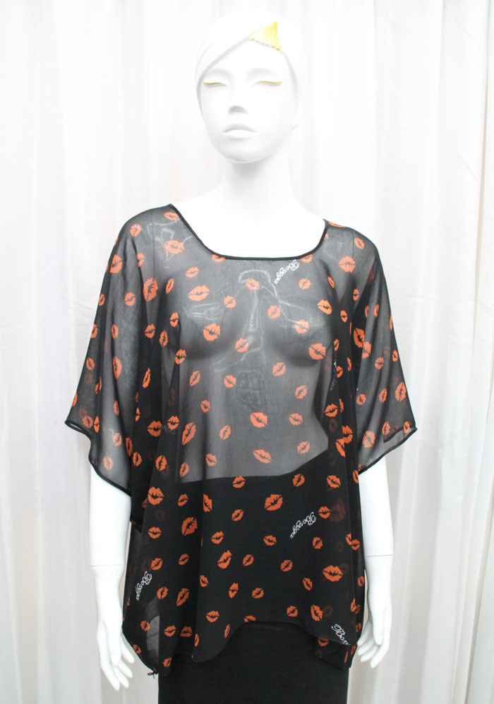 Lady Fashion Lip Printed Polyester Chiffon Silk T-Shirt (YKY2220)