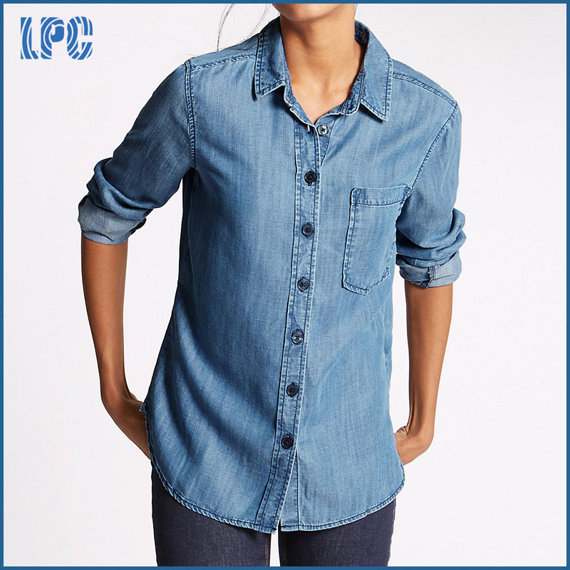 Plain Slim Fit Checked Denim Shirt