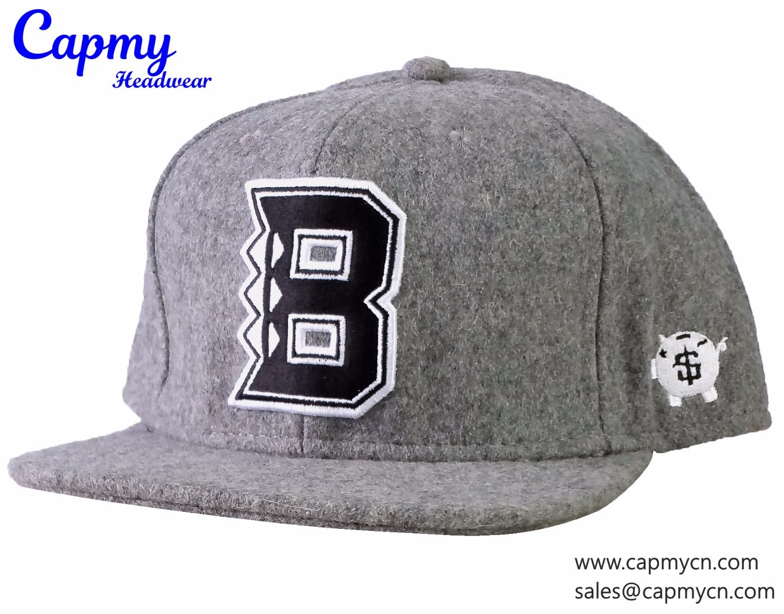 New Design Grey Wool/Blend Material Snapback Cap Hat