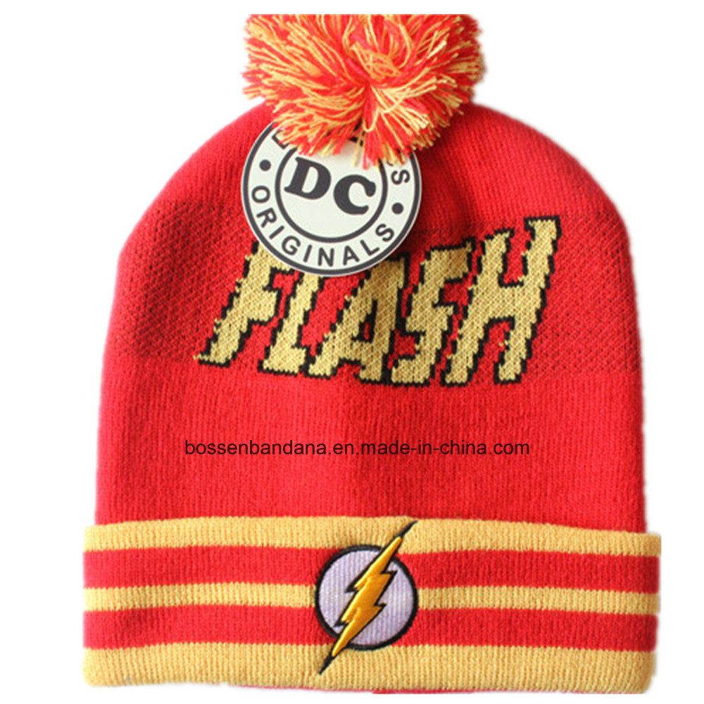 Factory Produce Custom Design Embroidered Orange Jacquard Knitted Beanie