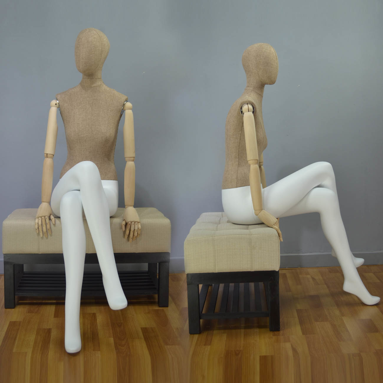 Fabric Wrapped Sitting Female Mannequin with Wood Arm