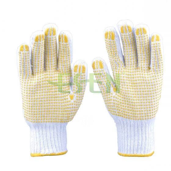Knitted Cotton Gloves with Yellow PVC Dots Palm Sides (D16-H2)