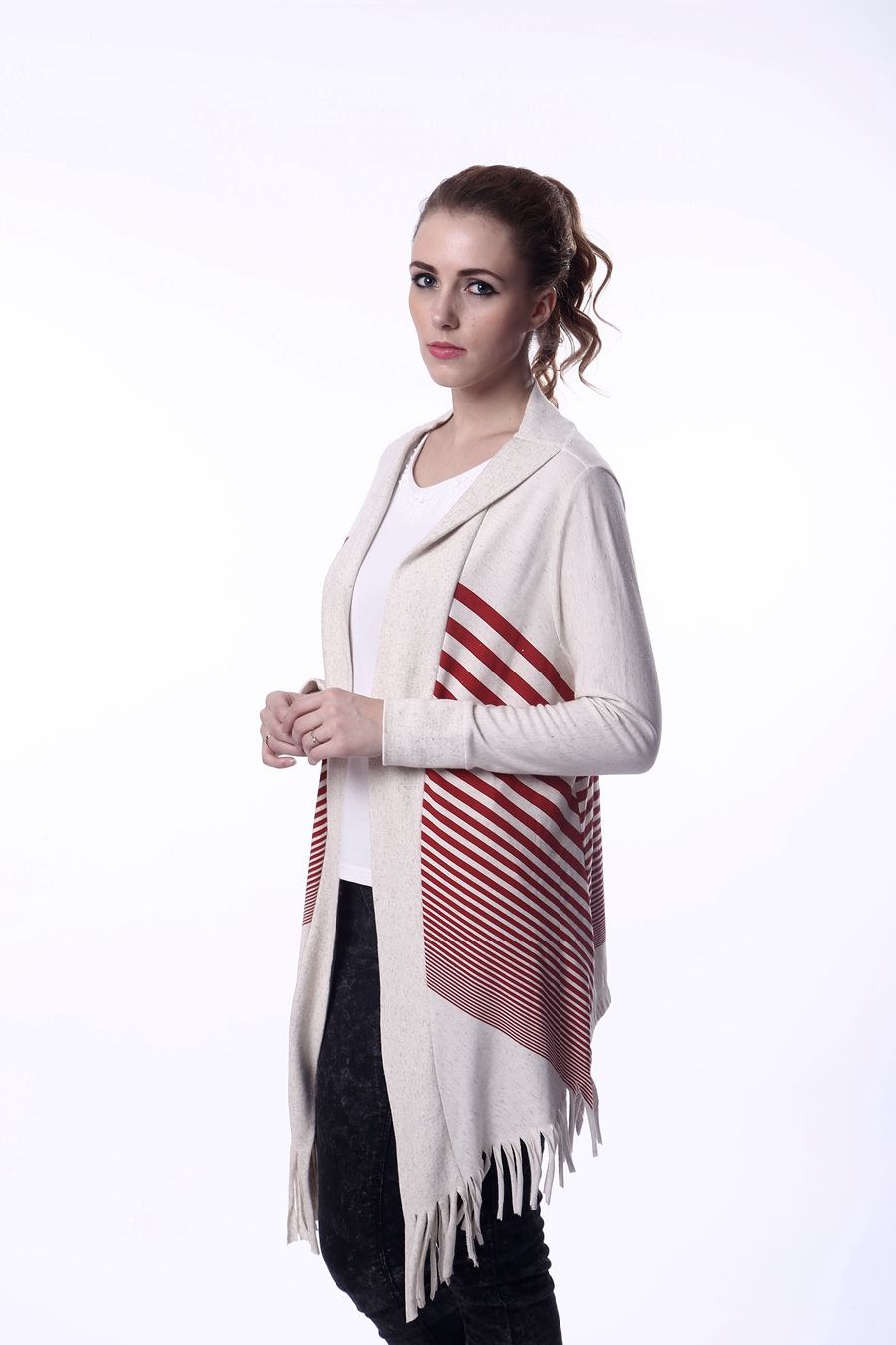 Long Coat Model Stripe Fringe Jacket Coat for Women