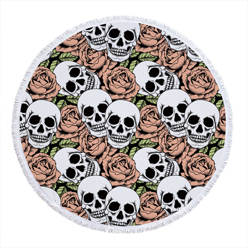 Skull Rose Printed Round Beach Towel with Tassels