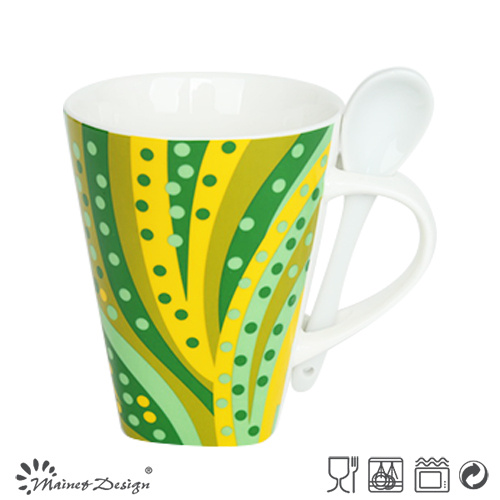 Colorful Decal New Bone China V Shape Mug Wtih Spoon