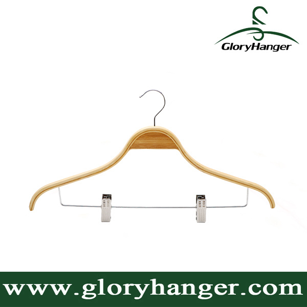 Fsc Hanger Facory Wholesale Laminated Wood/Bamboo Clothes Hanger with Metal Pant Clips for Man Shirt Display