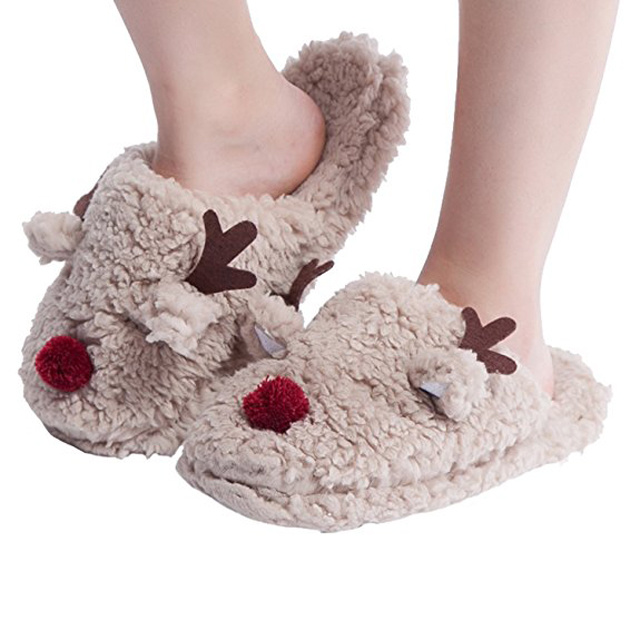 Womens Fuzzy Animal Reindeer House Slippers