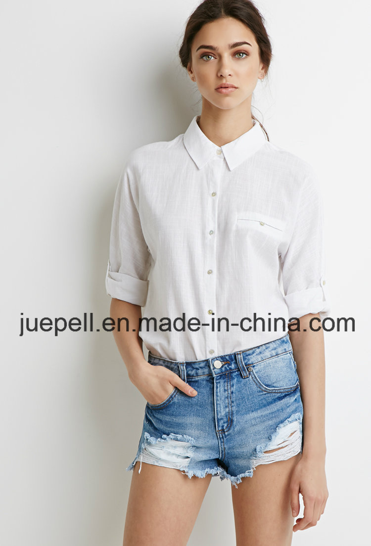 3/4-Sleeved Button Front Buttoned Mock Welt Pocket Classic Textured Women Shirt