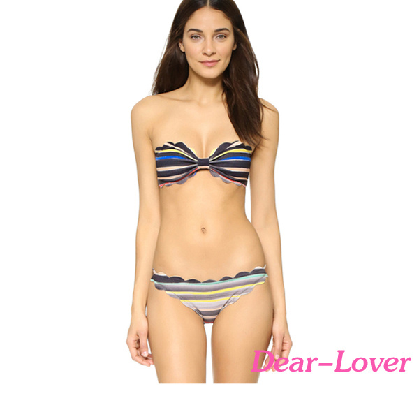 Scallop Edge Multicolor Striped Bathing Suit