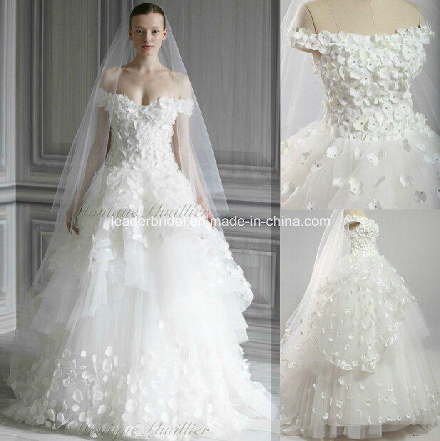 Ball Gown off--Shoulder Floor Length Sweep Train Handmade Flower Tulle Bridal Wedding Gown We14