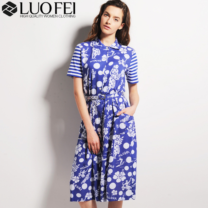 Lady Peter Pan Collar Buttons Down Printed Cotton Dress