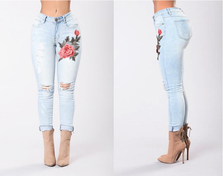 8039 Women Rose Embroidered High Waist Ripped Denim Skinny Jeans