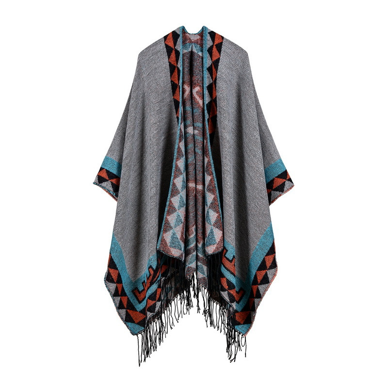 Women's Color Block Open Front Blanket Poncho Bohemian Cashmere Like Cape Thick Winter Warm Stole Throw Poncho Wrap Shawl (SP233)