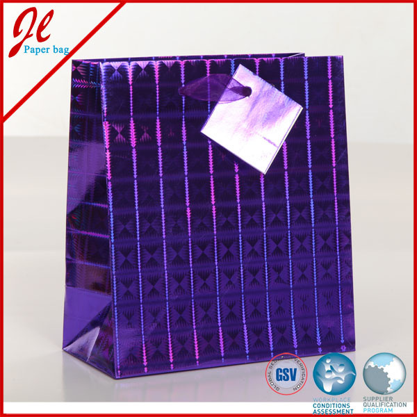 2015 Hologram Film Laser Paper Bags with Satin Handle and Hang Tag