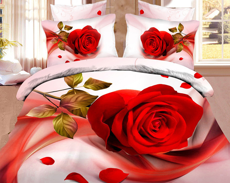 Rose 100% Cotton Queen Size 3D Print Bedding Set (1 Duvet Cover + 1 Bed Sheet + 2 * Pillow Case)