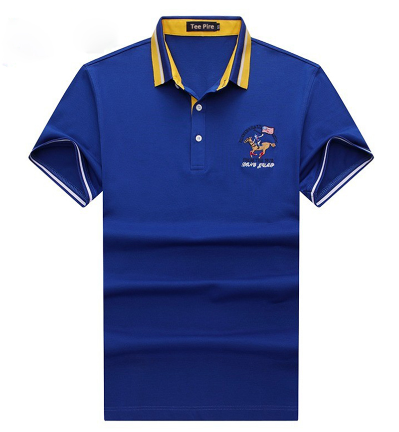 Yarn Dye Collar Short Sleeve Mercerized Cotton Golf Polo Shirts with Embroidered Patches