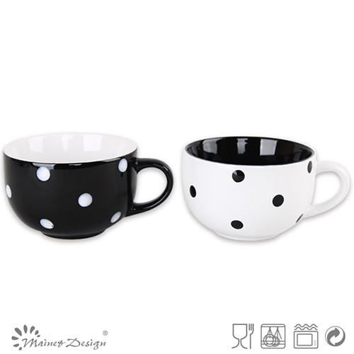 20oz Black and Withe with Dots Design Ceramic Soup Mug