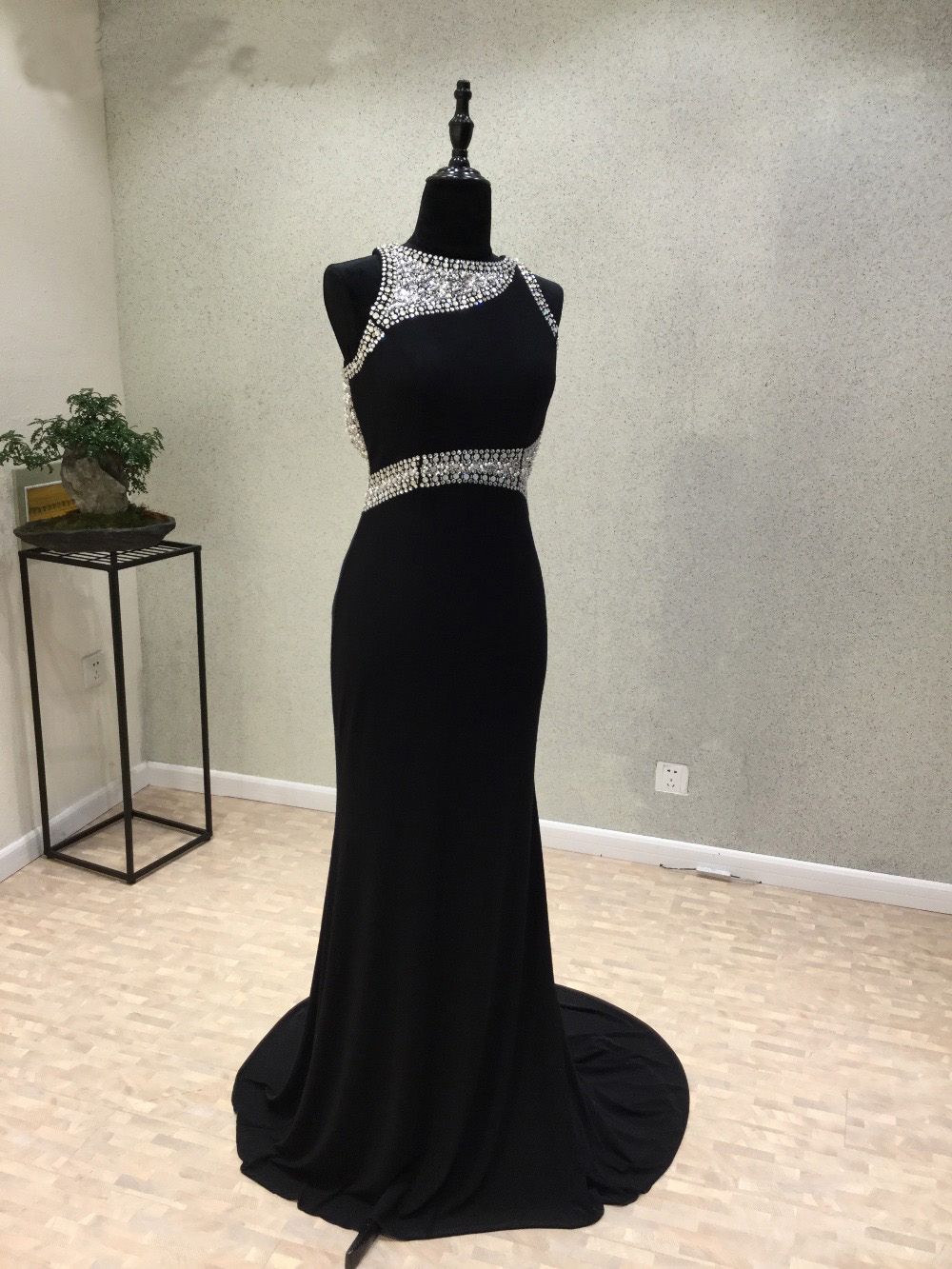 Black Beading Satin Mermaid Evening Party Formal Gowns