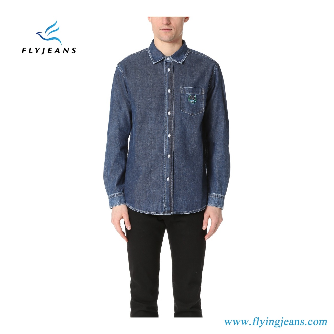 New Style Casual Long Sleeves Men Denim Shirts with Light Blue by Fly Jeans