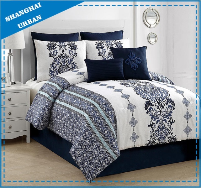 6 Piece White Navy Totem Printed Polyester Comforter Set