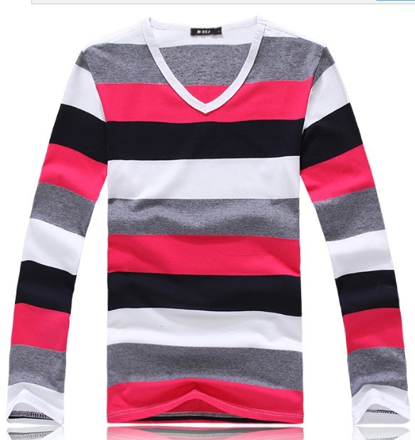 Men Fashion Casual V-Neck Stripe Mixed Color T-Shirt