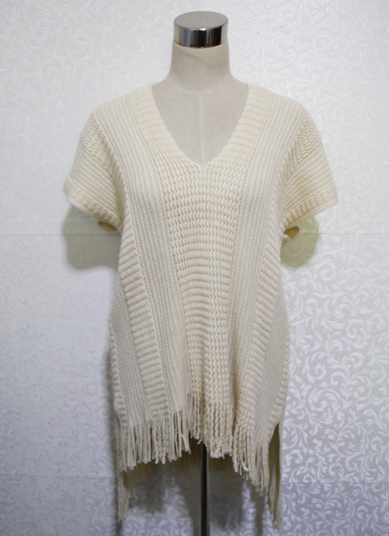 Women Fashion V-Neck Acrylic Knitted Fringe Shawl Poncho (YKY4533)