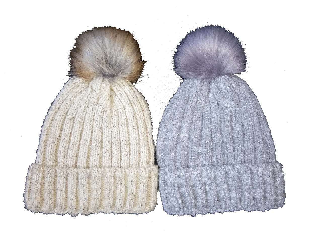 Ladies Boucle Bobble Hat with Fake Fur Pompom