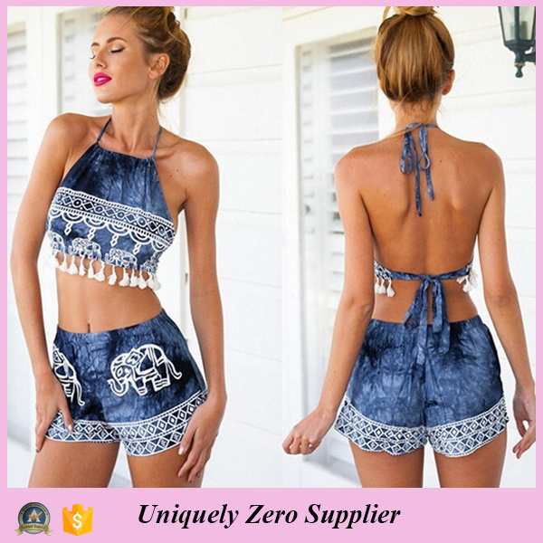2016 New Design Tie-Dye Print Halter Sexy Denim Shorts and Tops