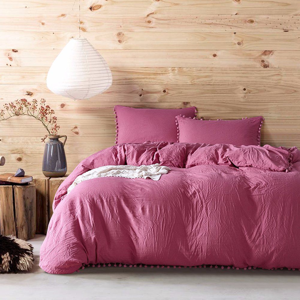 3piece Washed Microfiber Bedding Set with Fringe
